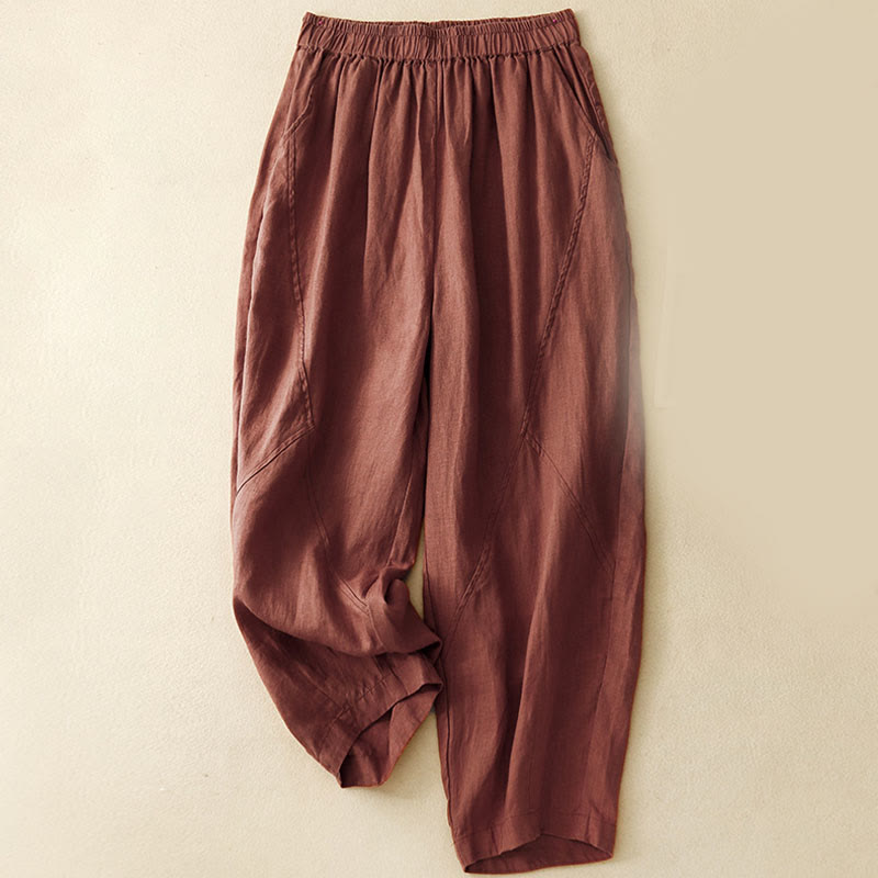 Buddha Stones Casual Plain Cropped Pants Women's Cotton Linen Harem Pants With Pockets - Maroon - US8-10，UK/AU12-14，EU40-42 (2XL) - image 15