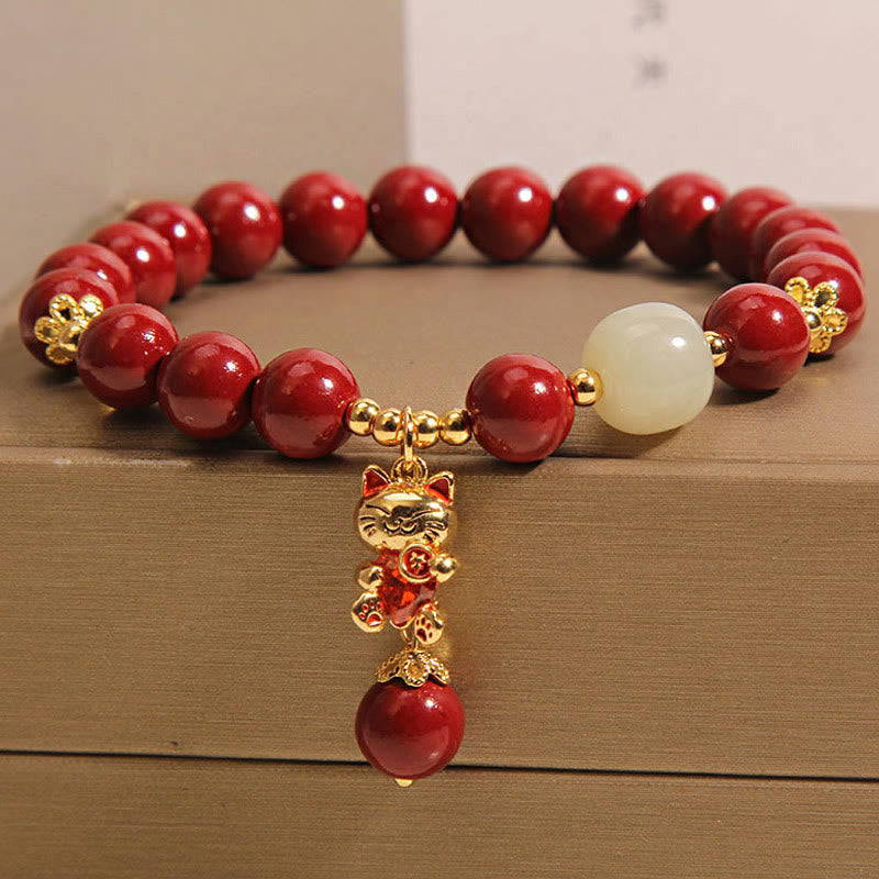 Buddha Stones Natural Lucky Cat Pendant Cinnabar Blessing Bracelet - image 1