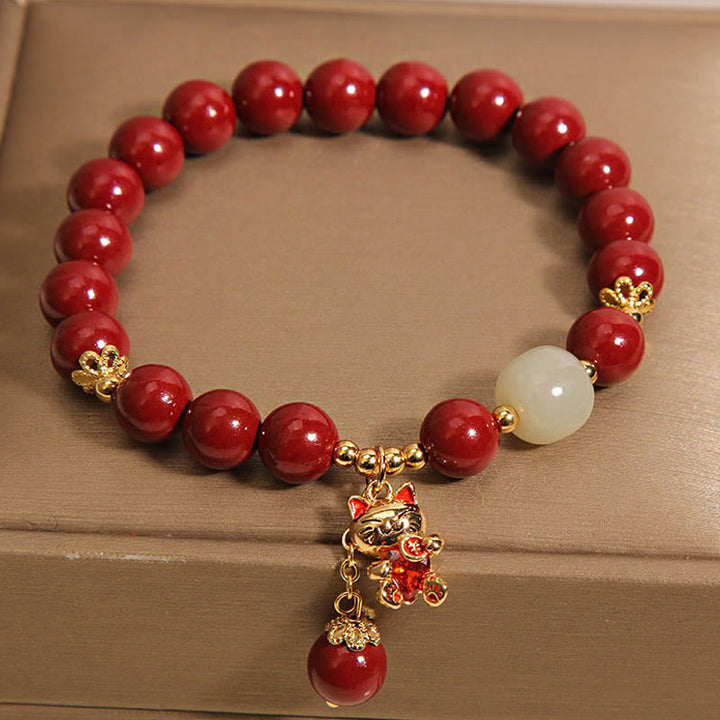 Buddha Stones Natural Lucky Cat Pendant Cinnabar Blessing Bracelet - image 3