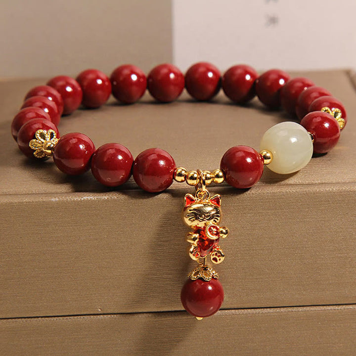 Buddha Stones Natural Lucky Cat Pendant Cinnabar Blessing Bracelet - image 2