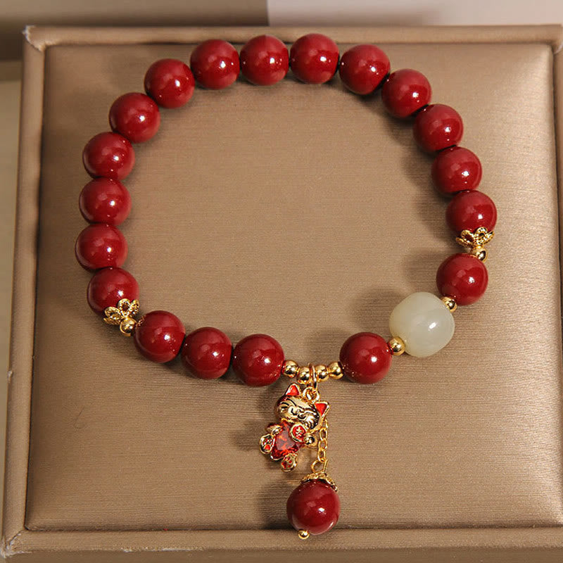 Buddha Stones Natural Lucky Cat Pendant Cinnabar Blessing Bracelet - image 7