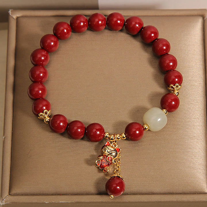 Buddha Stones Natural Lucky Cat Pendant Cinnabar Blessing Bracelet - image 7