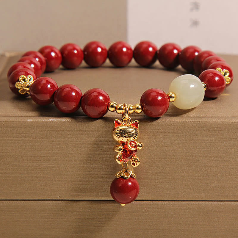 Buddha Stones Natural Lucky Cat Pendant Cinnabar Blessing Bracelet - Cinnabar(Wrist Circumference: 16-18cm) - image 0