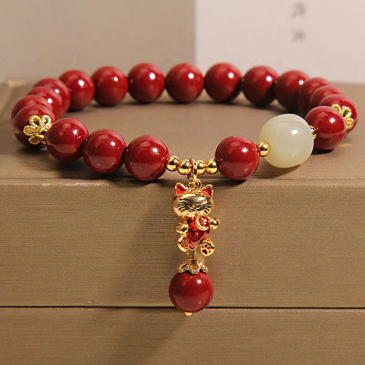Buddha Stones Natural Lucky Cat Pendant Cinnabar Blessing Bracelet - Cinnabar(Wrist Circumference: 16-18cm) - image 0
