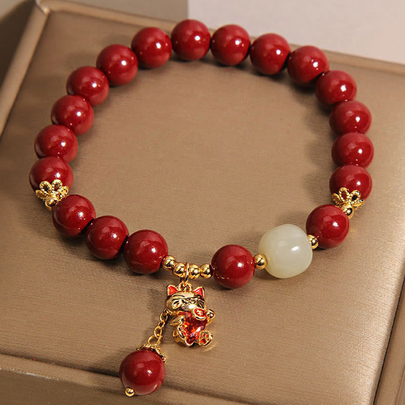 Buddha Stones Natural Lucky Cat Pendant Cinnabar Blessing Bracelet - image 8