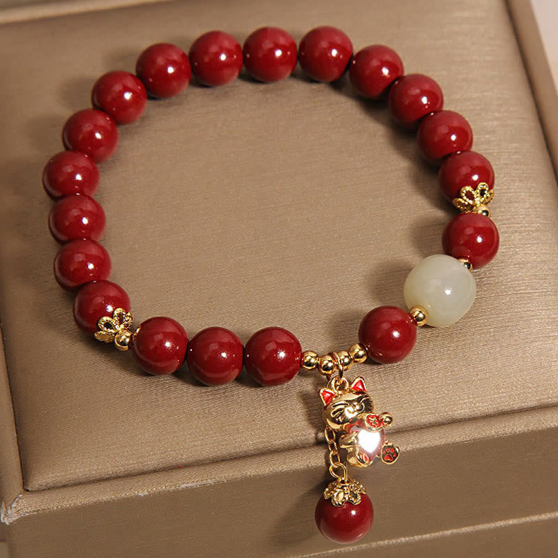 Buddha Stones Natural Lucky Cat Pendant Cinnabar Blessing Bracelet - image 4