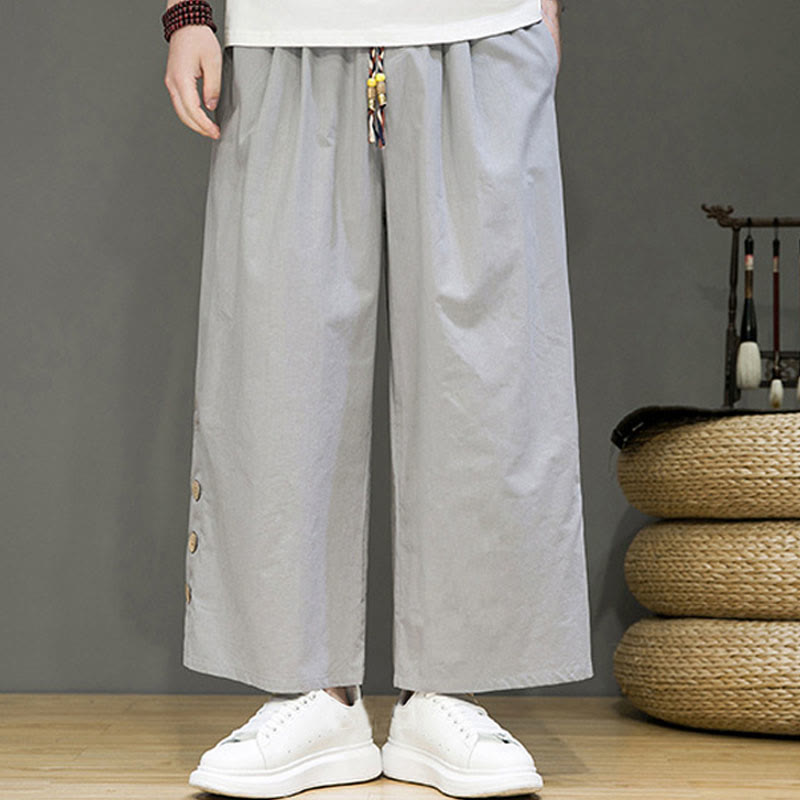 Buddha Stones Solid Color Linen Buttons Drawstring Men's Straight Leg Pants With Pockets - image 17