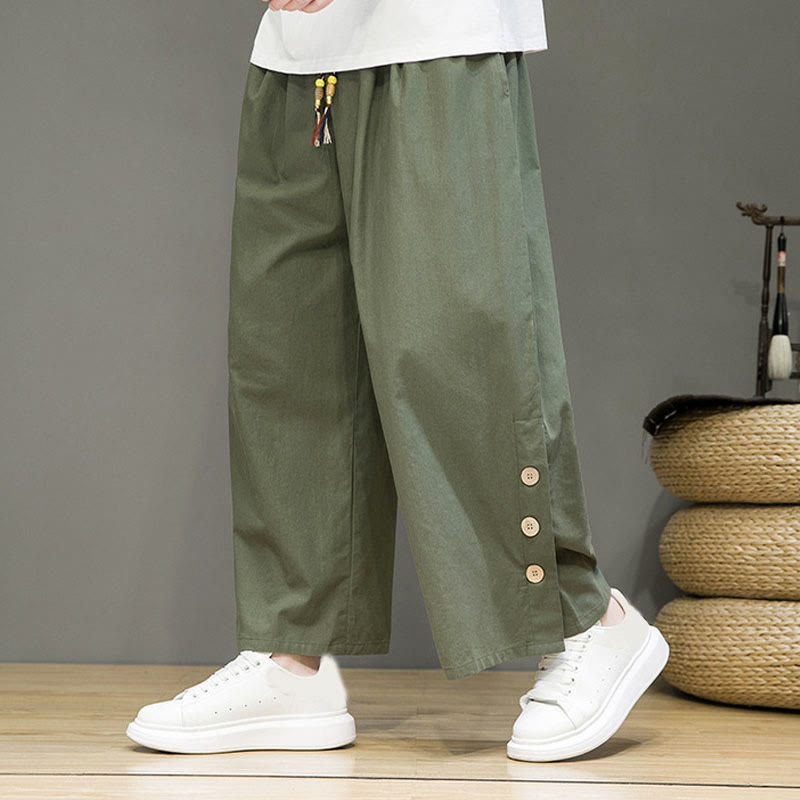 Buddha Stones Solid Color Linen Buttons Drawstring Men's Straight Leg Pants With Pockets - DarkSeaGreen - US/UK/AU46，EU56 (5XL) - image 25