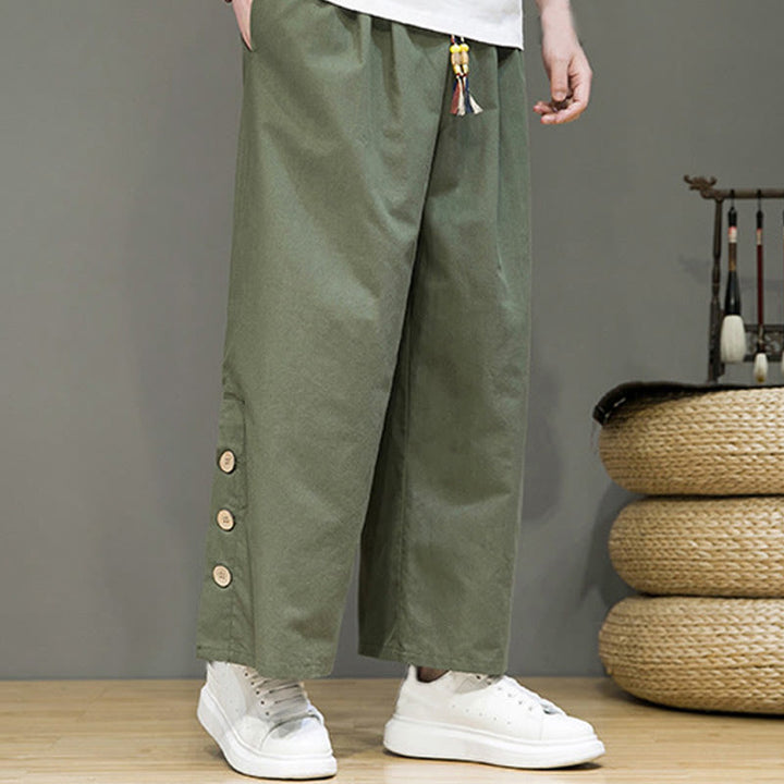 Buddha Stones Solid Color Linen Buttons Drawstring Men's Straight Leg Pants With Pockets - image 29