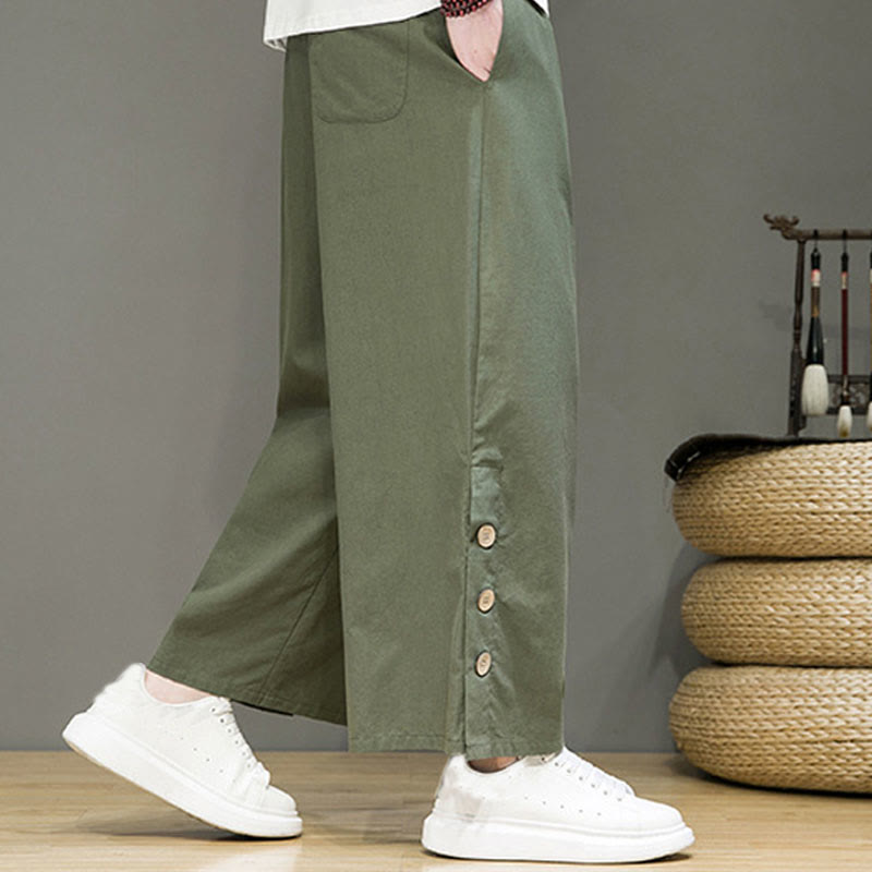 Buddha Stones Solid Color Linen Buttons Drawstring Men's Straight Leg Pants With Pockets - image 30