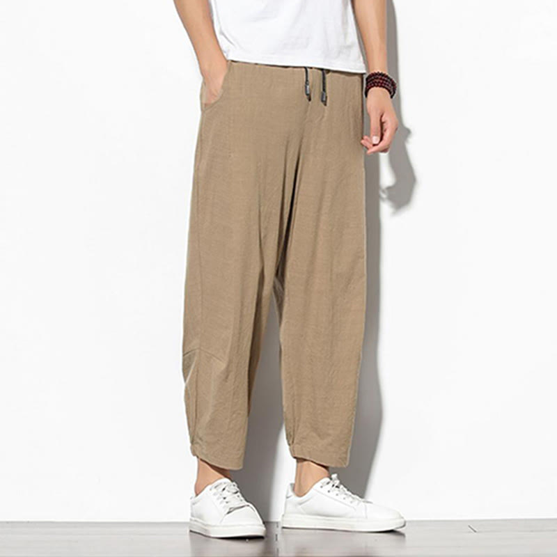 Buddha Stones Summer Men's 7-8 Length Cotton Linen Carrot Pants With Pockets - image 7
