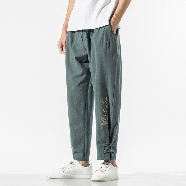 Buddha Stones Summer Chinese Characters Embroidery Men's Cotton Linen Pants With Pockets - CadetBlue - US/UK/AU46，EU56 (5XL) - image 20