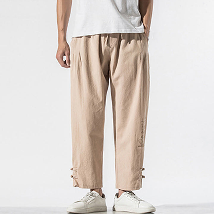 Buddha Stones Summer Chinese Characters Embroidery Men's Cotton Linen Pants With Pockets - image 13