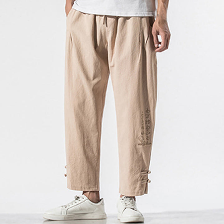 Buddha Stones Summer Chinese Characters Embroidery Men's Cotton Linen Pants With Pockets - image 12