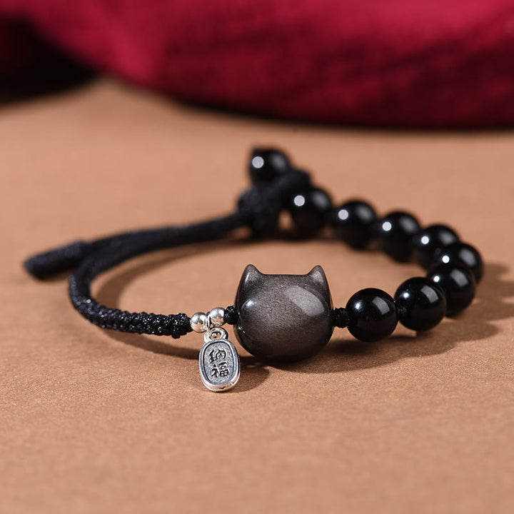 Buddha Stones Black Obsidian Silver Sheen Obsidian Cute Cat Dancing Lion Strength Bracelet - Cat(Wrist Circumference 14-16cm) - image 0