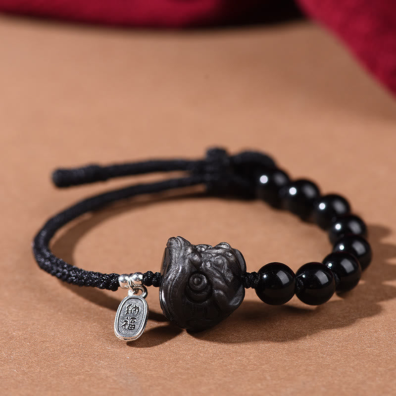 Buddha Stones Black Obsidian Silver Sheen Obsidian Cute Cat Dancing Lion Strength Bracelet - Dancing Lion(Wrist Circumference 14-16cm) - image 6