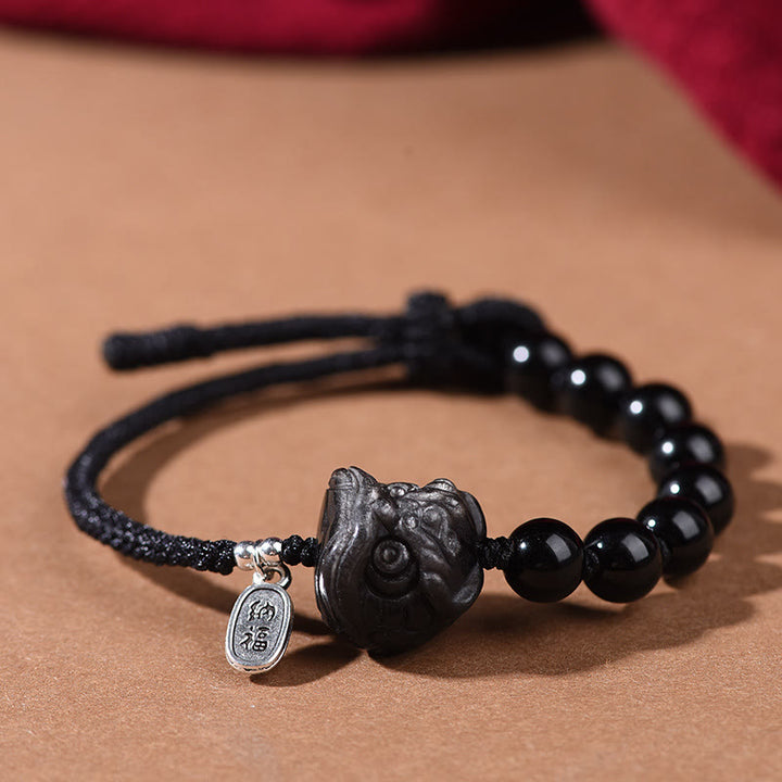 Buddha Stones Black Obsidian Silver Sheen Obsidian Cute Cat Dancing Lion Strength Bracelet - Dancing Lion(Wrist Circumference 14-16cm) - image 6