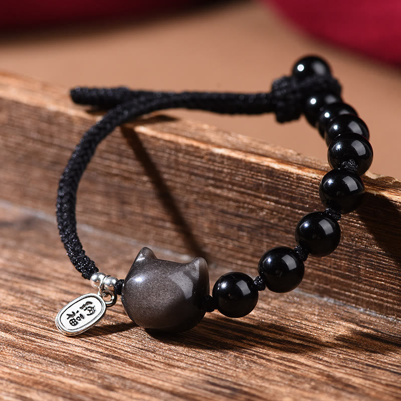 Buddha Stones Black Obsidian Silver Sheen Obsidian Cute Cat Dancing Lion Strength Bracelet - image 1