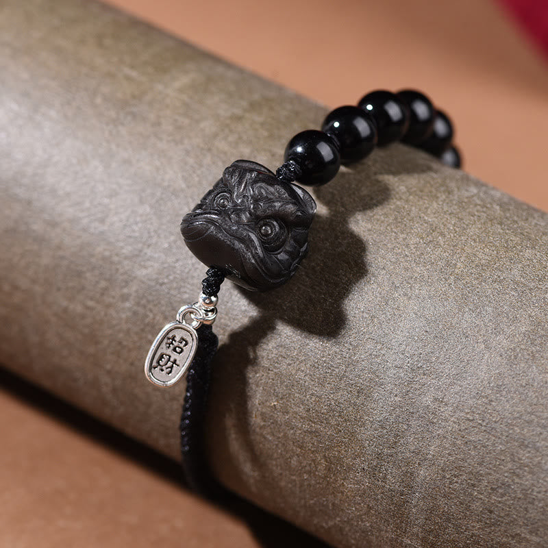Buddha Stones Black Obsidian Silver Sheen Obsidian Cute Cat Dancing Lion Strength Bracelet - image 7