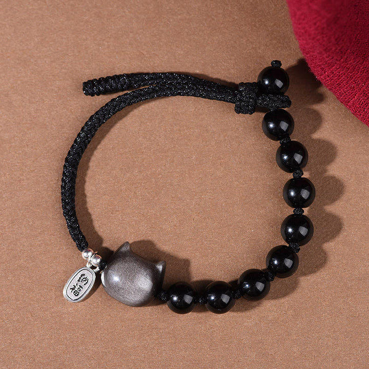 Buddha Stones Black Obsidian Silver Sheen Obsidian Cute Cat Dancing Lion Strength Bracelet - image 2