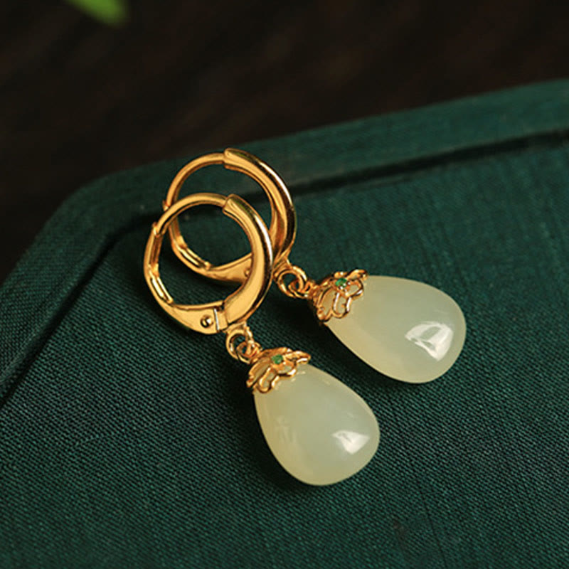 Buddha Stones Green Chalcedony Water Drop Strength Copper Posts Earrings - image 13