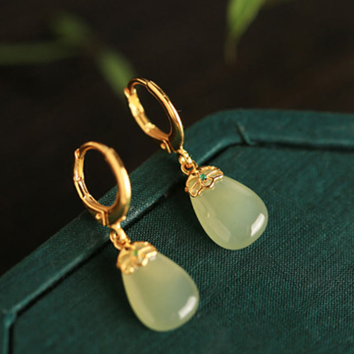 Buddha Stones Green Chalcedony Water Drop Strength Copper Posts Earrings - image 12