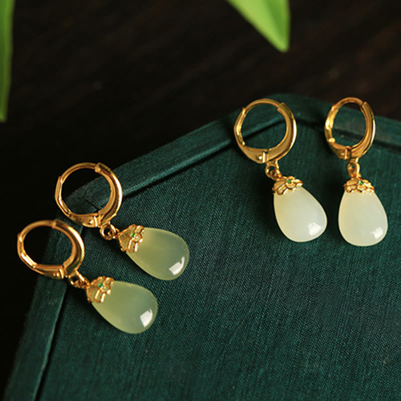 Buddha Stones Green Chalcedony Water Drop Strength Copper Posts Earrings - image 27