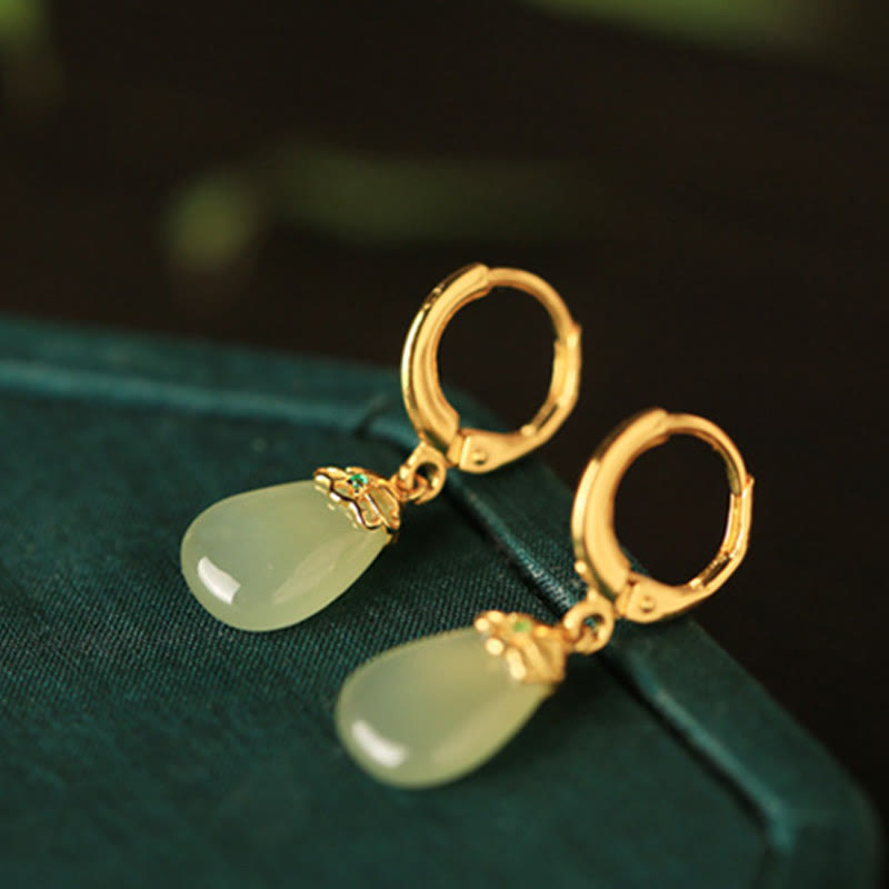 Buddha Stones Green Chalcedony Water Drop Strength Copper Posts Earrings - image 9