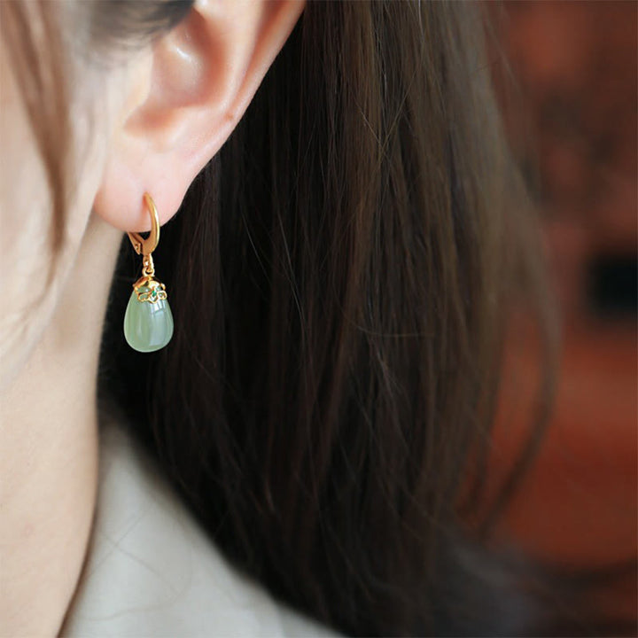 Buddha Stones Green Chalcedony Water Drop Strength Copper Posts Earrings - image 18