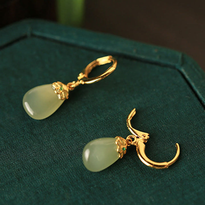 Buddha Stones Green Chalcedony Water Drop Strength Copper Posts Earrings - image 8