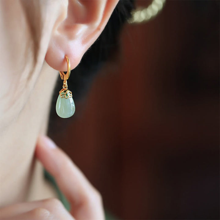 Buddha Stones Green Chalcedony Water Drop Strength Copper Posts Earrings - image 19