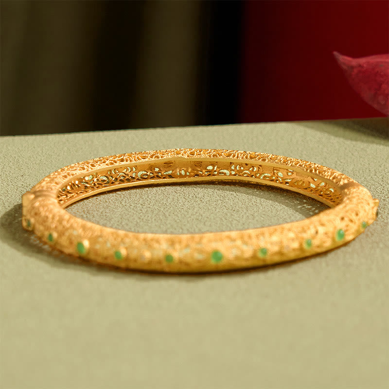 Buddha Stones Hollow Filigree Design Copper Plated Gold Wealth Bracelet Bangle - image 3