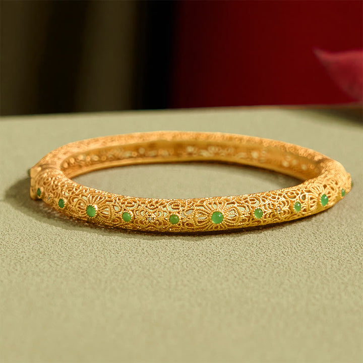 Buddha Stones Hollow Filigree Design Copper Plated Gold Wealth Bracelet Bangle - image 2
