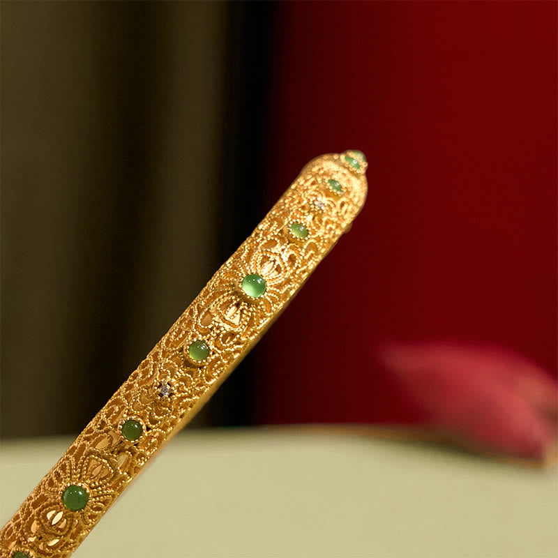 Buddha Stones Hollow Filigree Design Copper Plated Gold Wealth Bracelet Bangle - image 4