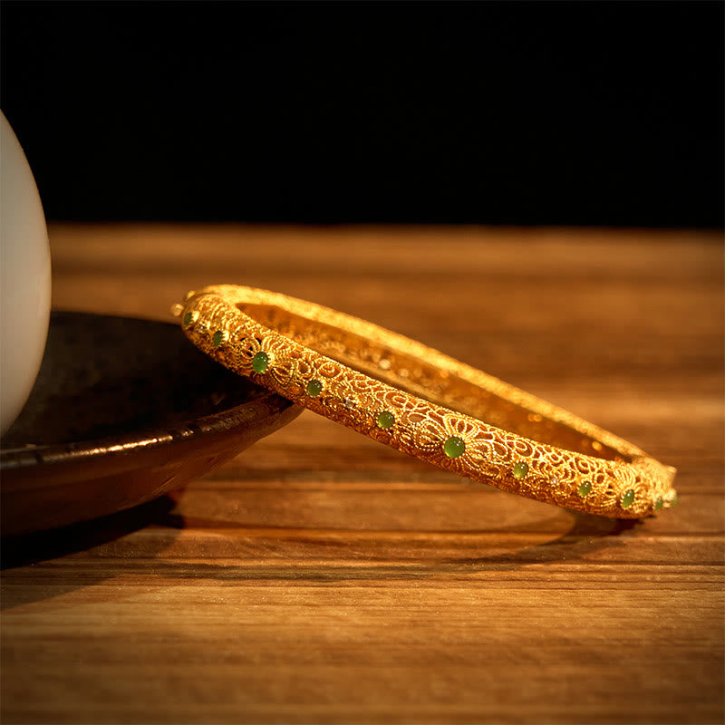 Buddha Stones Hollow Filigree Design Copper Plated Gold Wealth Bracelet Bangle - image 1