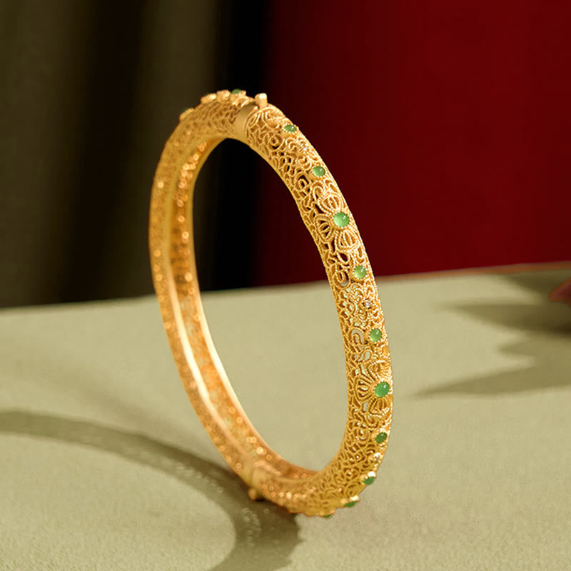 Buddha Stones Hollow Filigree Design Copper Plated Gold Wealth Bracelet Bangle - 60 mm - image 0