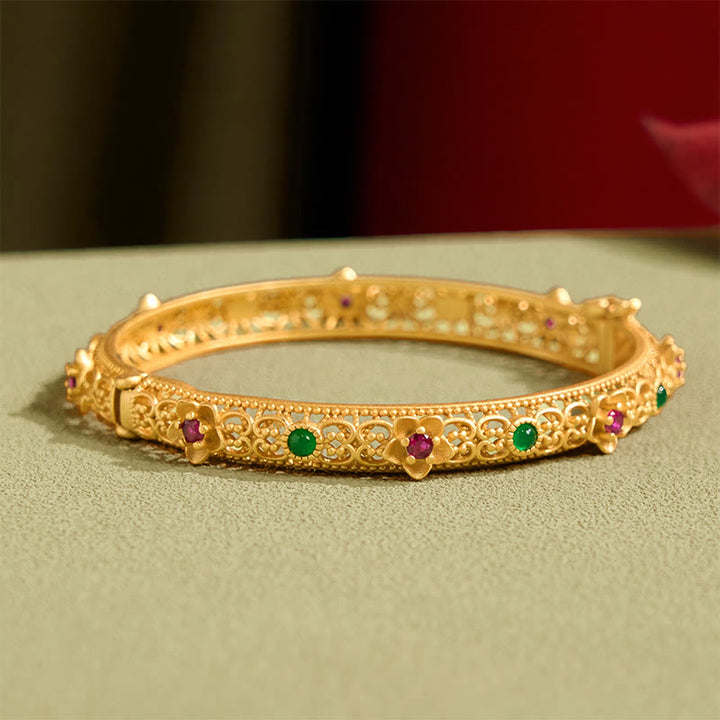 Buddha Stones Hollow Design Copper Plated Gold Flower Luck Bracelet Bangle - image 2