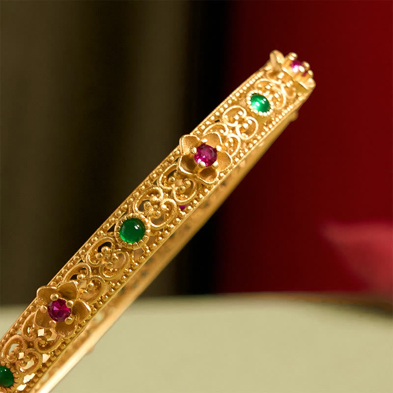 Buddha Stones Hollow Design Copper Plated Gold Flower Luck Bracelet Bangle - image 4