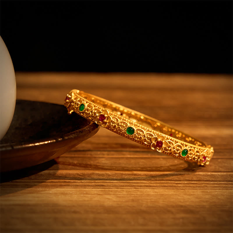 Buddha Stones Hollow Design Copper Plated Gold Flower Luck Bracelet Bangle - image 1