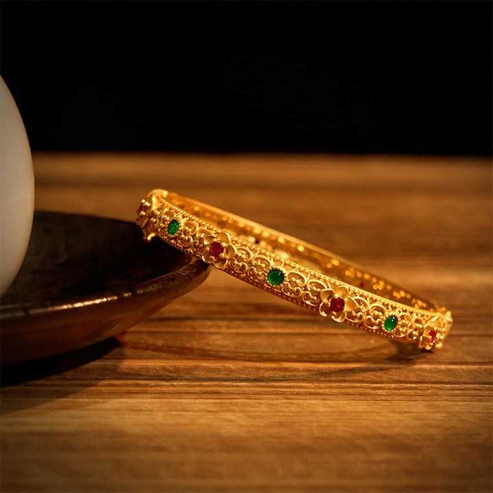 Buddha Stones Hollow Design Copper Plated Gold Flower Luck Bracelet Bangle - image 1