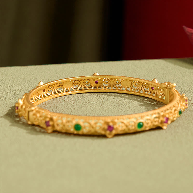 Buddha Stones Hollow Design Copper Plated Gold Flower Luck Bracelet Bangle - image 3