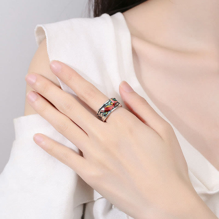 Buddha Stones Blue Enamel Koi Fish Heart Sutra Success Ring - image 4