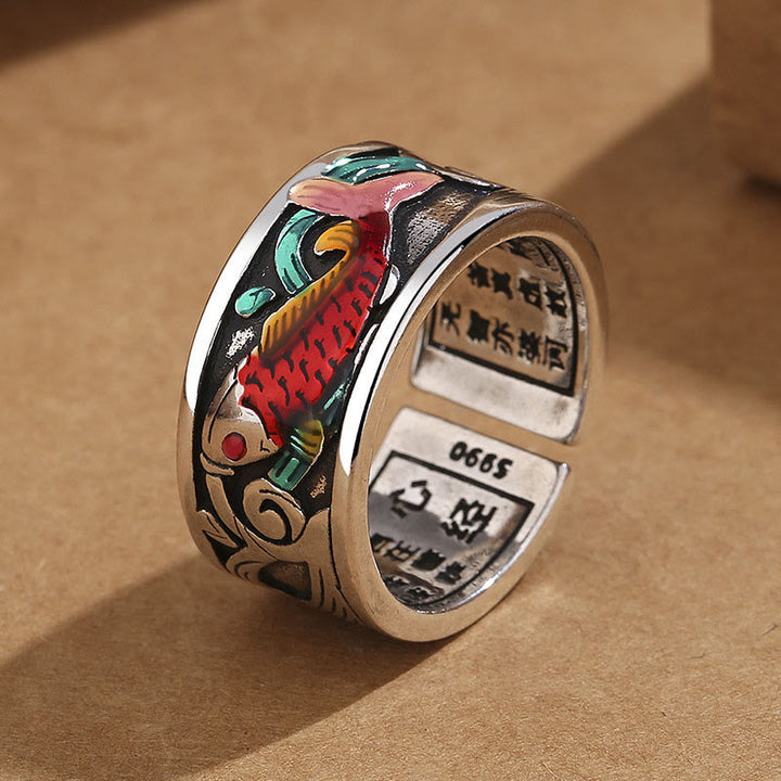Buddha Stones Blue Enamel Koi Fish Heart Sutra Success Ring - Koi Fish(Adjustable) - image 0