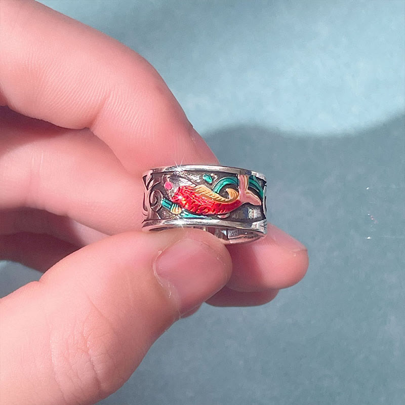 Buddha Stones Blue Enamel Koi Fish Heart Sutra Success Ring - image 3