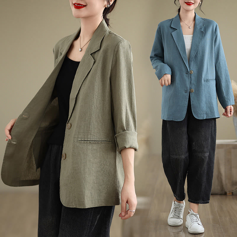 Buddha Stones Spring Solid Color Long Sleeve Cotton Linen Women's Jacket With Pockets - image 34