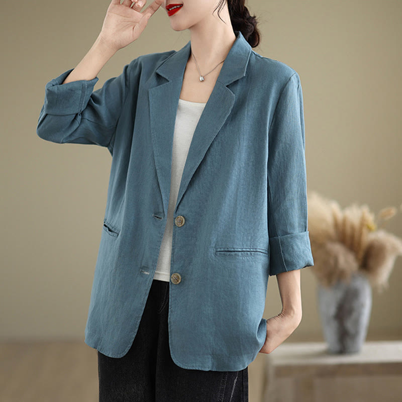 Buddha Stones Spring Solid Color Long Sleeve Cotton Linen Women's Jacket With Pockets - image 9