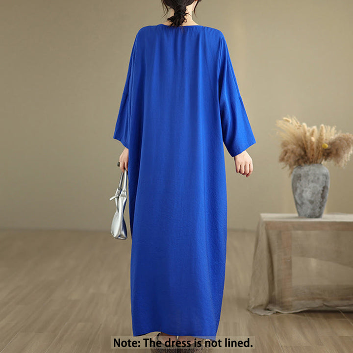 Buddha Stones Fall Pure Color V-Neck Long Sleeve Cotton Midi Dress - image 12