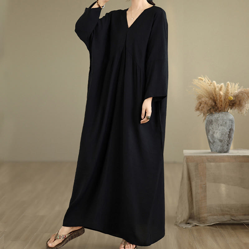 Buddha Stones Fall Pure Color V-Neck Long Sleeve Cotton Midi Dress - image 2