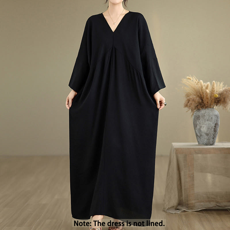 Buddha Stones Fall Pure Color V-Neck Long Sleeve Cotton Midi Dress - image 1