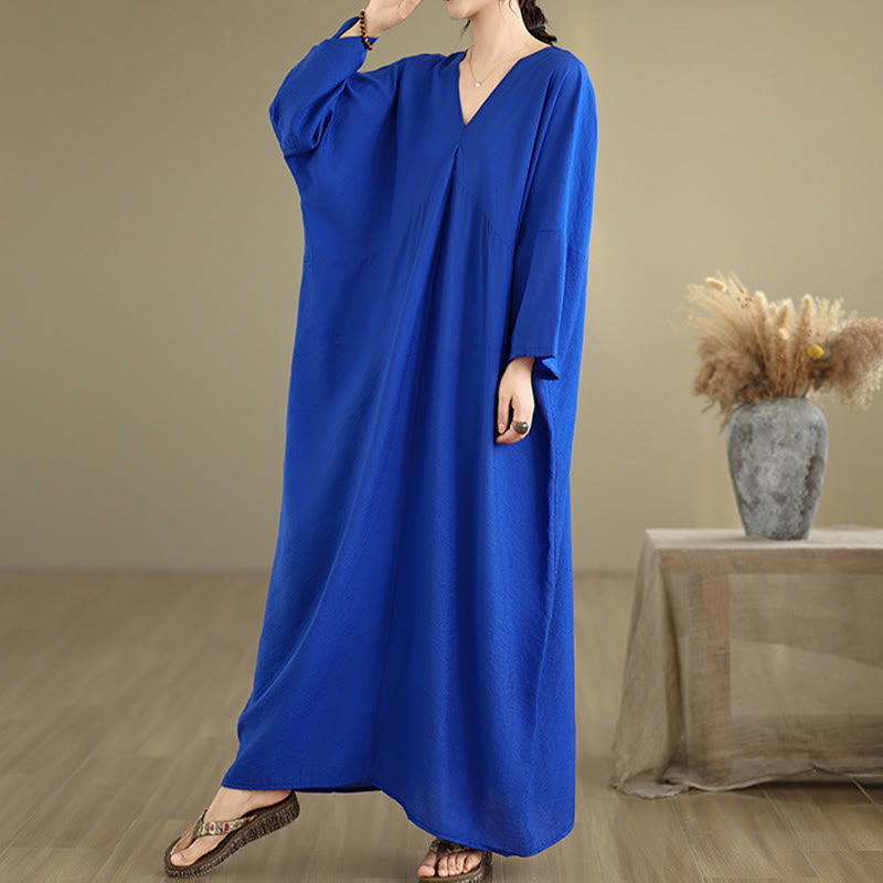 Buddha Stones Fall Pure Color V-Neck Long Sleeve Cotton Midi Dress - image 13